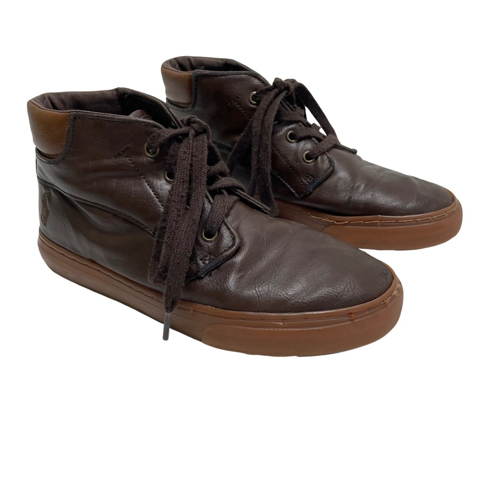 Polo Ralph Lauren Kids Brown Leather High Top Sneakers Shoes Size 4 School Prep
